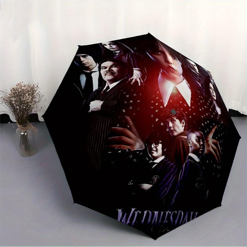 1pc Wednesday Addams Automatic Folding Umbrella, Portable Collapsible Design, 8-Rib Iron Frame, , All-Season Casual Outdoor Accessory for Christmas Bi