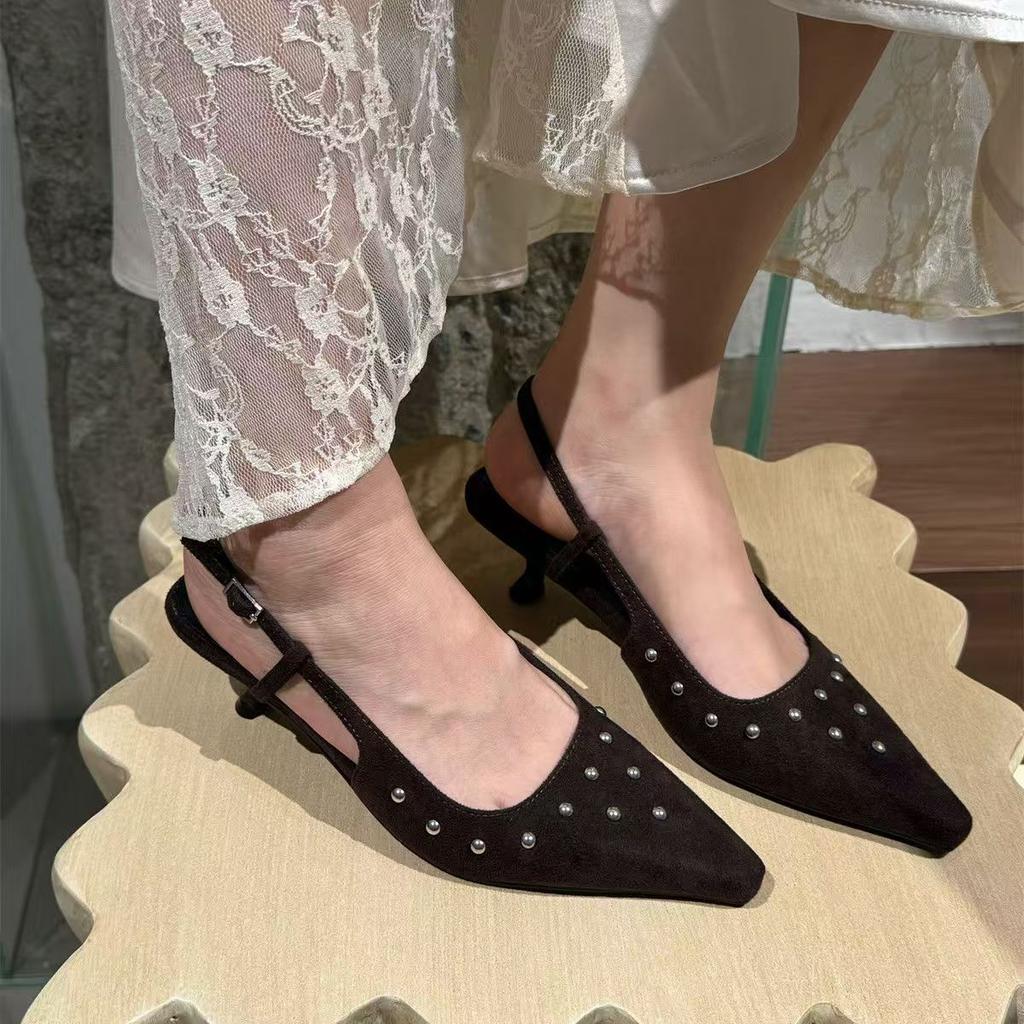 StarKeLa design pointed heels, toe sandals, spring new riveted back strap French shoes
