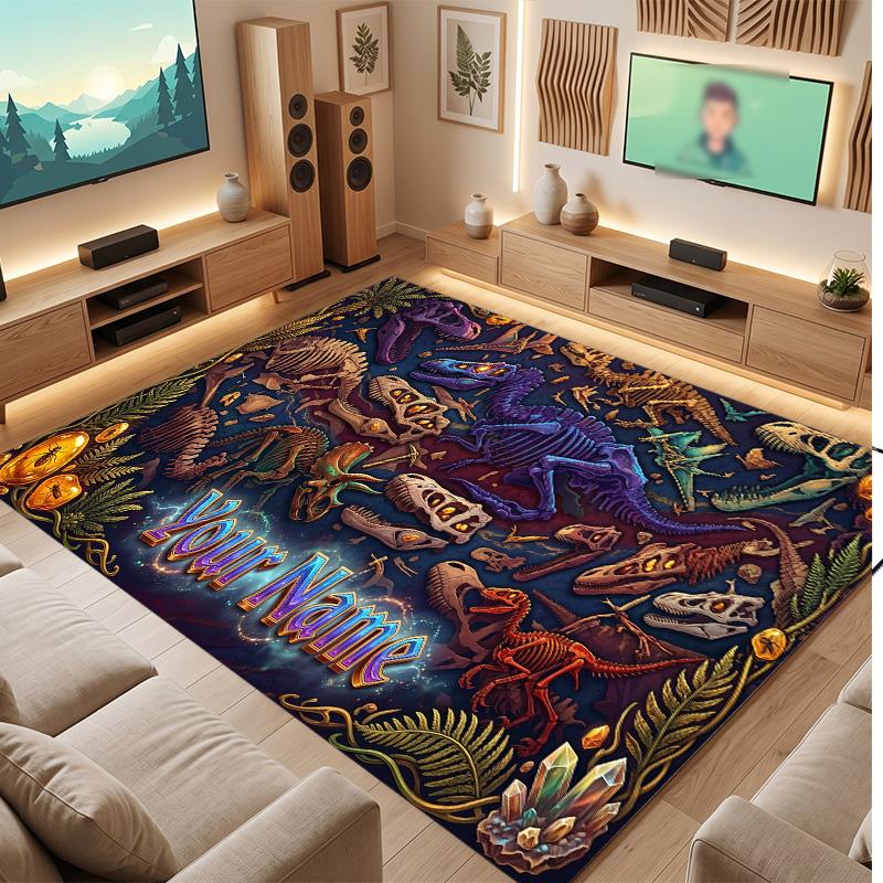 Dinosaur Theme Soft Crystal Velvet Rug Custom Name & Text Print Non Slip Floor Rug for Bedroom Living Room