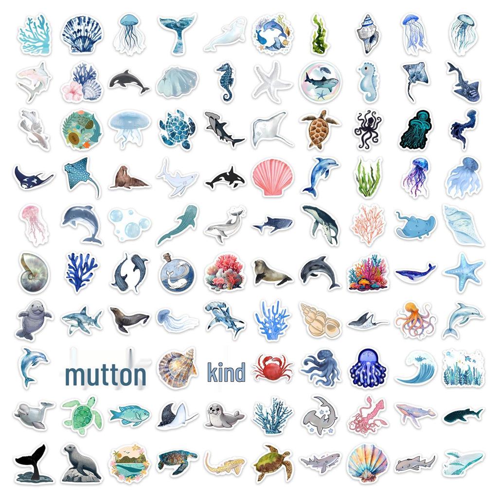 100 PVC Marine Life Graffiti Stickers for DIY Phone Cases and Notebooks