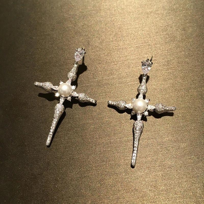 

Huitan Graceful Cross Design Drop Earrings with Imitation Pearl Chic Delicate Accessories Female All-matching for Party