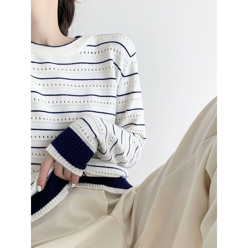 Dark Blue Contrasting Color Hollow Striped Women's Clothing New Small Crew Neck Loose Shirt Top Women