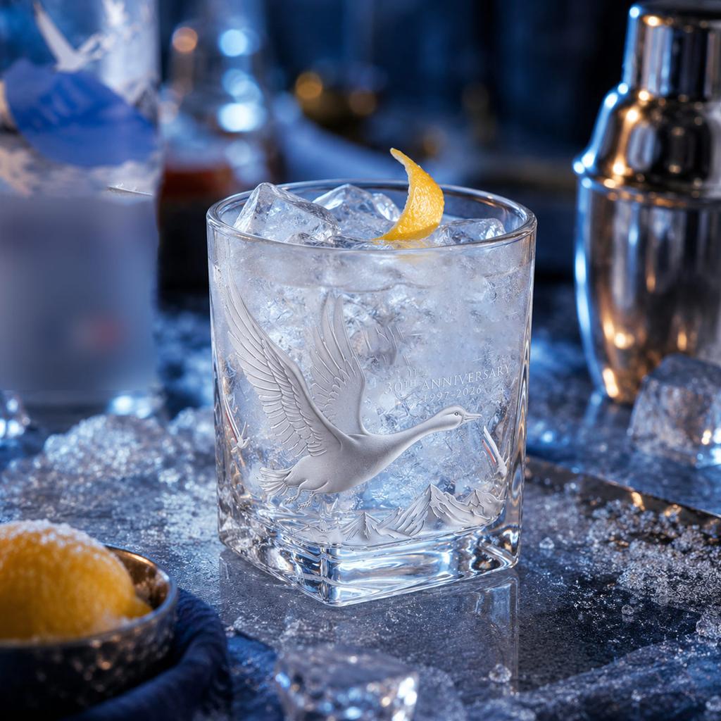 Square Glass Tumbler with Embossed Flying Swan and Mountain Design 30th Anniversary Edition Whiskey Water Juice Glass Cup