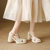 Krazing Pot Sheep Skin Round Toe Size 41 Thick Round High Heels Buckle Straps Hollow Platform Gladiator Autumn Pumps
