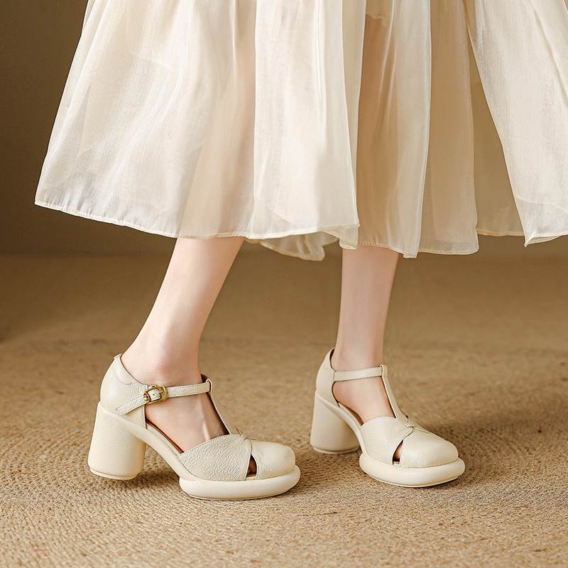 Krazing Pot Sheep Skin Round Toe Size 41 Thick Round High Heels Buckle Straps Hollow Platform Gladiator Autumn Pumps