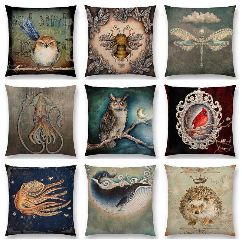 Charming Bird Blue Whale Hedgehog Moonlight Owl Bat Bee Octopus Cushion Cover Pillow Case