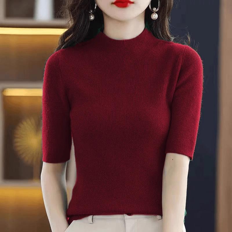 Women's Angola Red Slim Fit Knitted Pullover Sweater with Half-High Neck & Five-Sleeves for Spring & Autumn 2025.