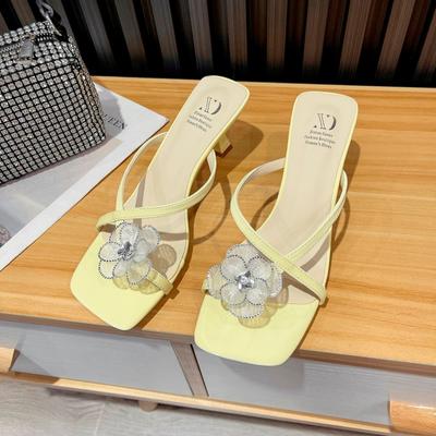 Fashion Summer New Square Head Fashion Sandals Women's Pintoe Stiletto Heels Rhinestone Flower Ribbon Beach Slippers