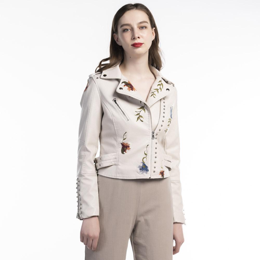 Turn-down Collar Pu Motorcycle Black Punk Outerwear Women Floral Print Embroidery Faux Soft Leather Jacket Coat