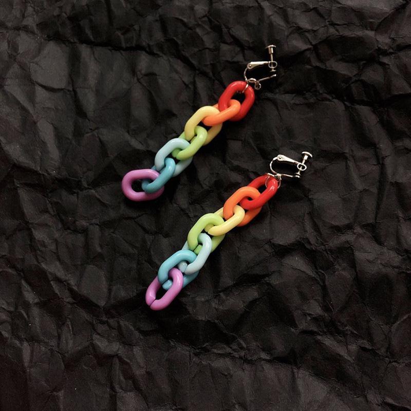 Harajuku Style Rainbow Acrylic Chain Earrings – Colorful Candy Ear Clips for Women
