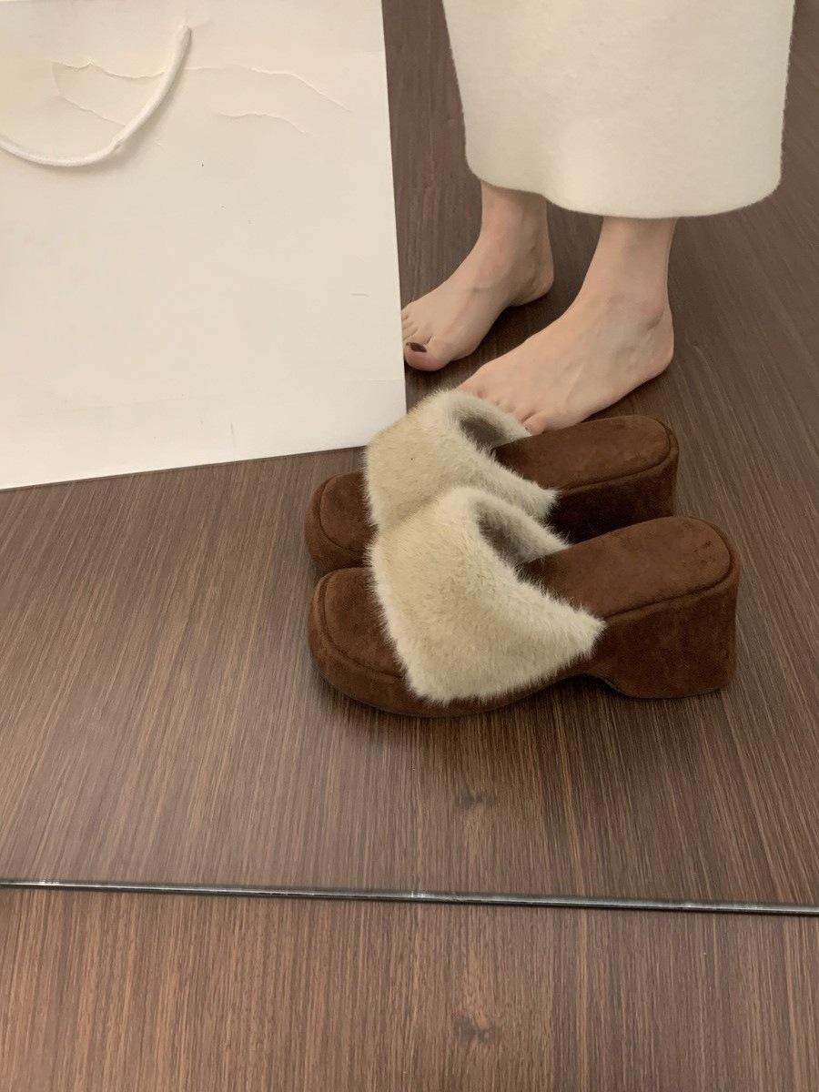 Internet celebrities fairy wind leopard print one-word drag Mao Mao shoes wear thick soles heightened slope heel home cotton slippers 40 абрикосовый 2940₽