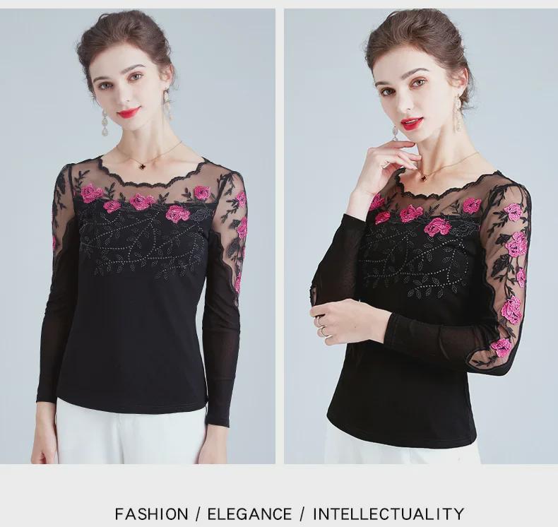 Korean Style Embroidered Long-Sleeve Gauze T-Shirt for Women