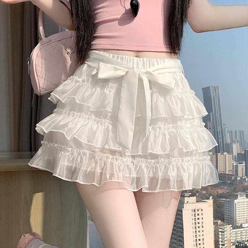 Bow Tie Tulle Tiered Mini Skirt High Waist A-Line Fluffy Cake Skirt QT2881