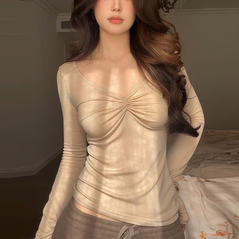 Women s V-Neck Twist Knot Long Sleeve Top L