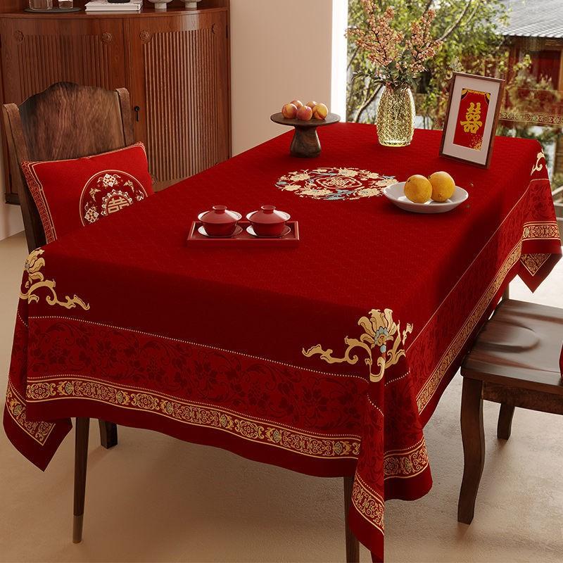 Elegant Red Wedding Tablecloth Rectangular Velvet Waterproof Decorative Dining Table Cover Banquet Celebration