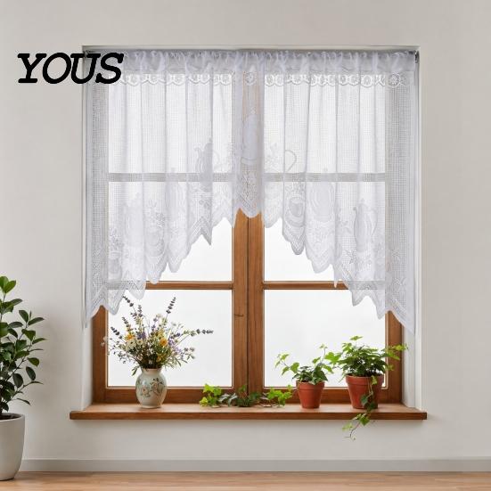 Retro Lace Curtain Half Curtain, Adjustable Lift Structure, Embroidery Floral Sheer Coffee Dustproof Window Screen
