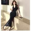 Red bud feminine halter dress slim fit sexy French collar new national style temperament fish tail dress long dress