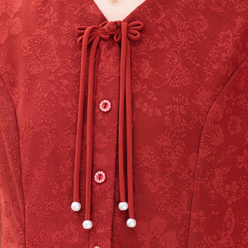 Elegant New Chinese Style V-Neck Jacquard Short Sleeve Blouse
