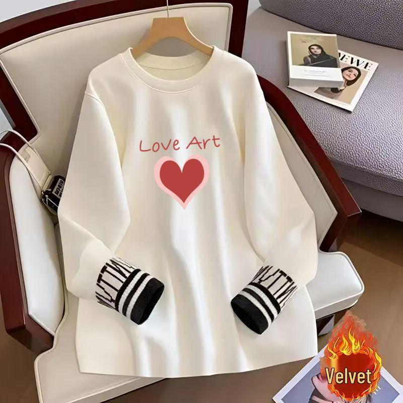 

Women s White Fleece-Lined Loose-Fit Mid-Length Long-Sleeve Korean-Style T-Shirt 2XL - 70-80 kg