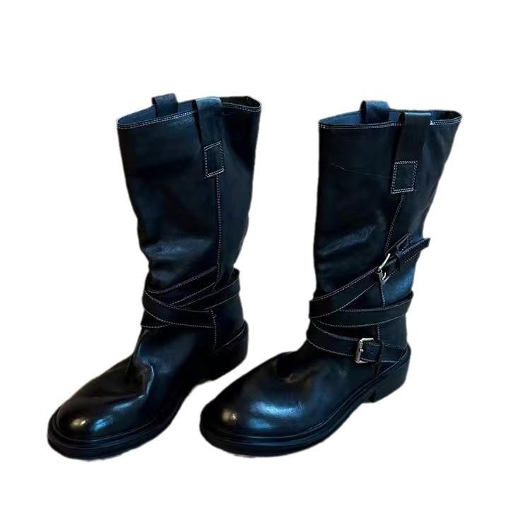 Cowhide version~ retro belt buckle mid boots western cowboy boots slim thick-soled fried street boots female knight boots