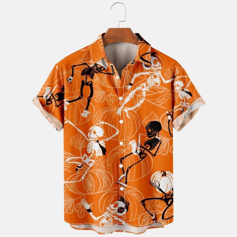 Pumpkin Bat Halloween Element Short Sleeve Turn-Down Collar Shirt