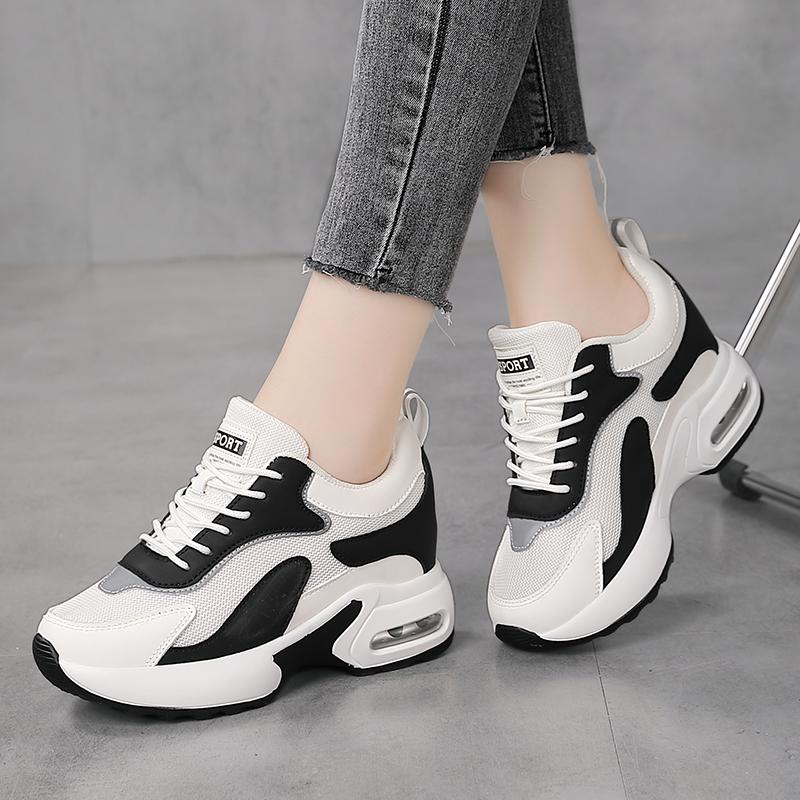 Women's Wedge Heel Platform Sneakers White Mesh Breathable Air Cushion Casual Walking Shoes Inner Heightening