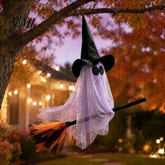 Classic Witch Flying Broom Decor Halloween Ghost Hanging Ornament, Spooky Hat Theme Room Layout Pendants for Indoor Outdoor Haunted House Party