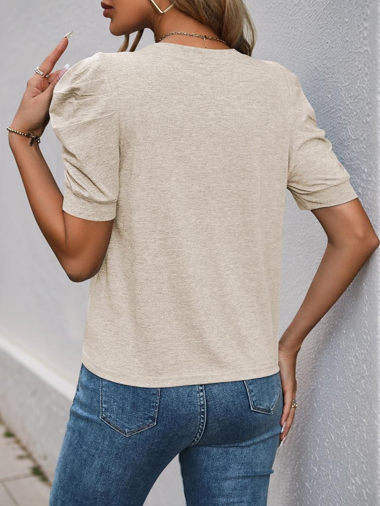 Damen Lässiges Sommer-T-Shirt mit Rundhalsausschnitt und Puffärmeln, einfarbig