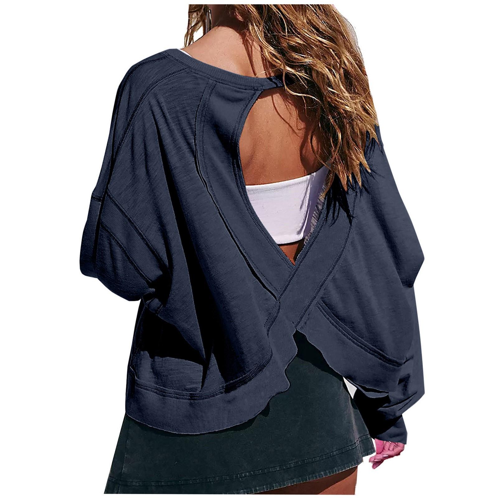 

Женская мода повседневная круглая горловина длинный рукав спинка однотонный топ XL тёмно-синий