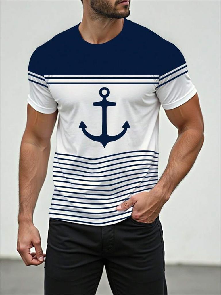 Simple Fashion Anchor Striped T Shirts for Men Summer Trendy Streetwear 3D Printed T-shirts Cool Streetwear Hip Hop Tees Tops