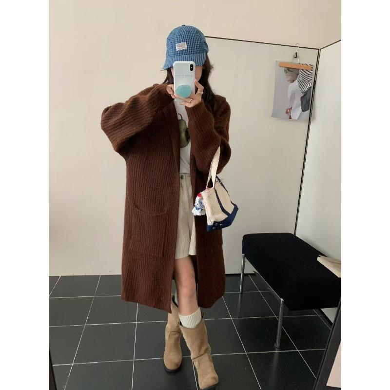 

Hooded loose large size thickened medium and long knitted jacket new lazy wind sweater cardigan with women outside One Size
