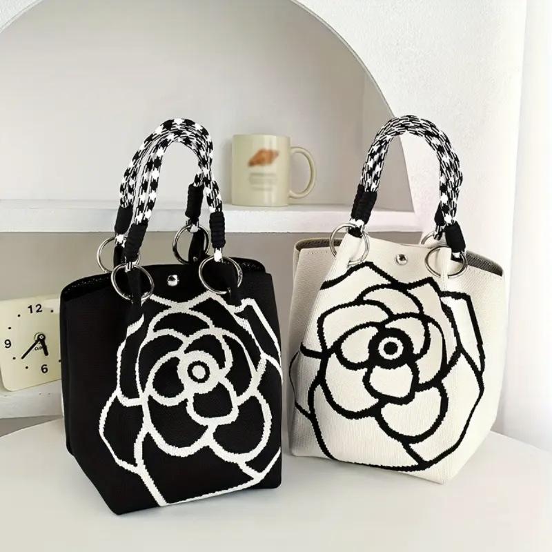 Fashion Flowers Knit Handbag Women Shoulder Bag Color Contrast Portable Ladies Beach Handbag Shopping Tote