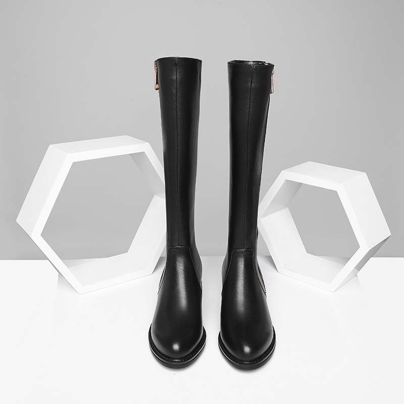 Krazing Pot Cow Leather Autumn Winter Shoes Thick Med Heels Big Size 45 Size 44 Zipper Decoration Concise Style Women Keep Warm Knee Boots