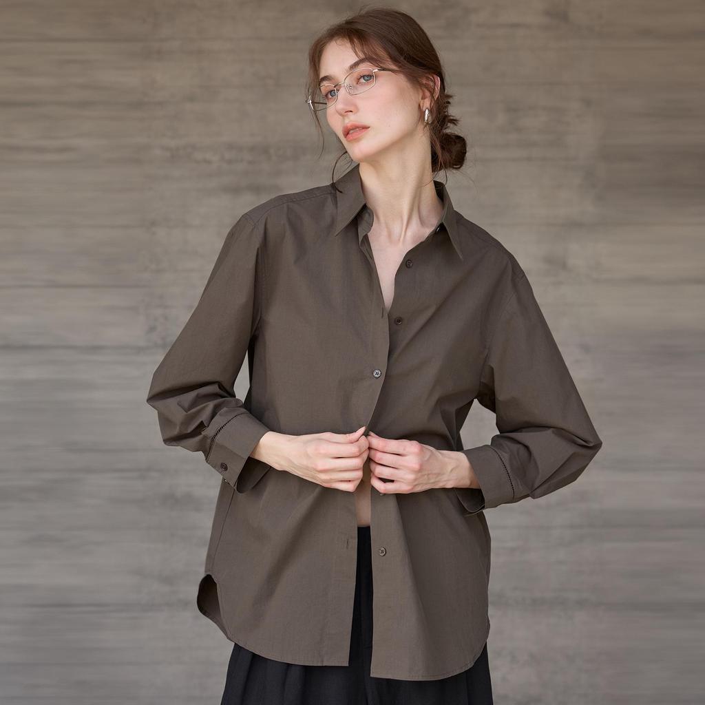 High-Density Long-Sleeve Women's All-Cotton White Shirt with Turn-Down Collar - Elegant Autumn Commuter Style