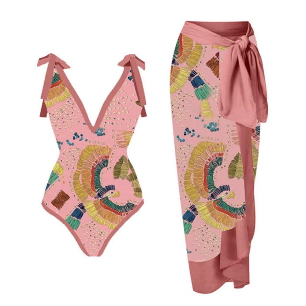 New One-piece Swimsuit Multi-color Printed Hip-wrapped Gauze Skirt Anti-light Two-piece Sunscreen Swimsuit
