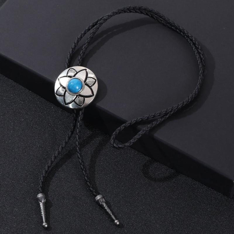 5Pcs Metal Flower Stone Cowboy Bolo Tie Western Faux Leather Rope Necktie Jewelry Shirt Collar Chain Vintage Necklace