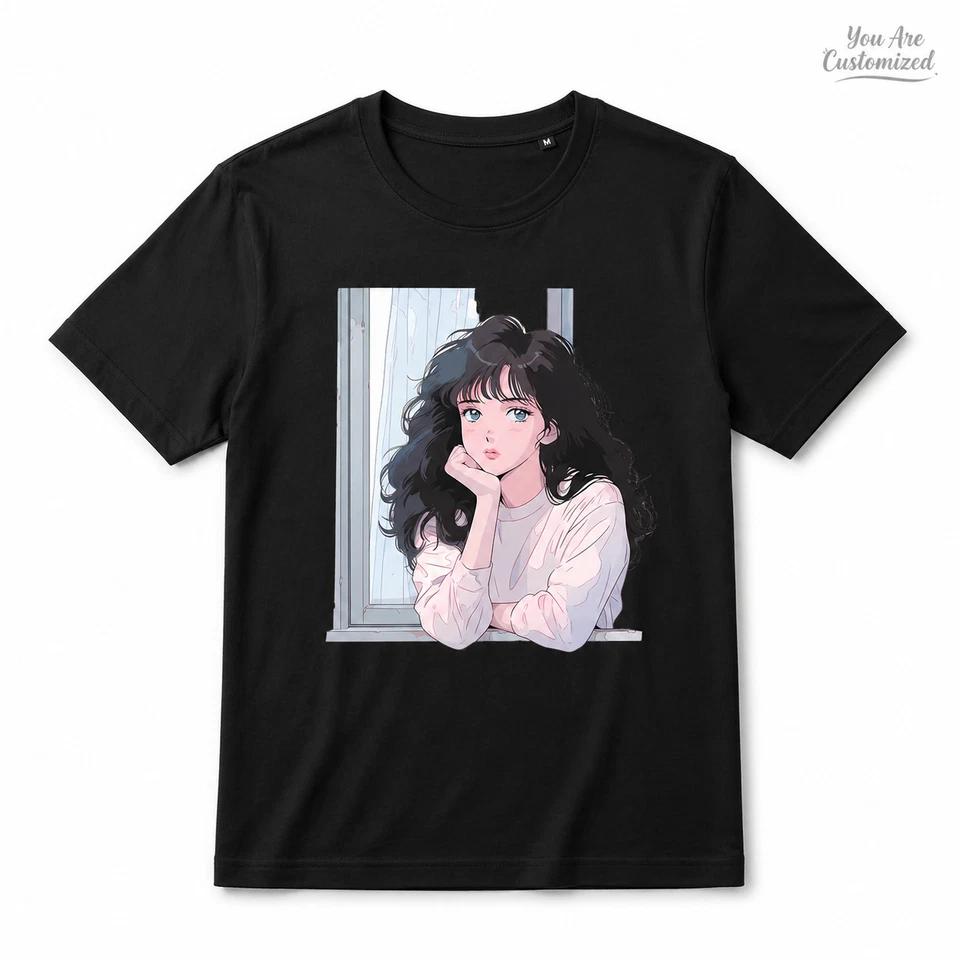Anime Girl Window Graphic T Shirt Black or White Unisex Aesthetic Manga Tee 2 M