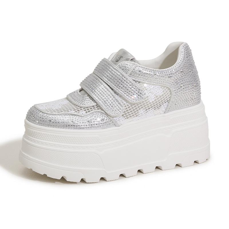 Fashion 10CM Women's Thick Heel Slip-On Shoes Spring Summer Style Breathable Mesh Upper Crystal Decorated Platform Sandals Comfortable