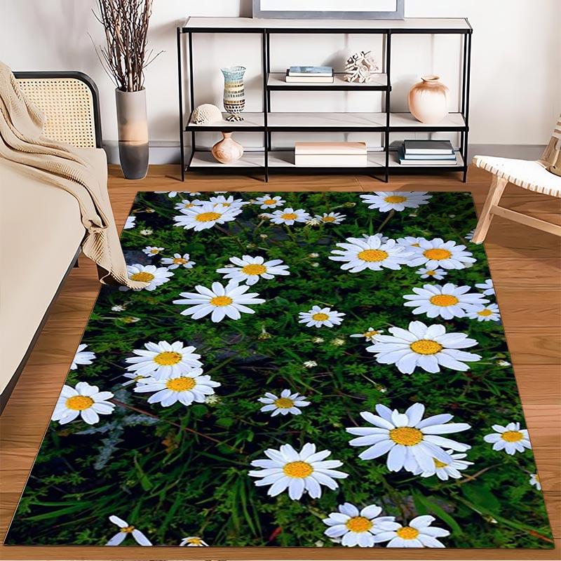 "White Daisy Floral Pattern Carpet with Green Grass Background Design" Suitable for Use As an Anti-slip for Living Room Bedroom Sofas