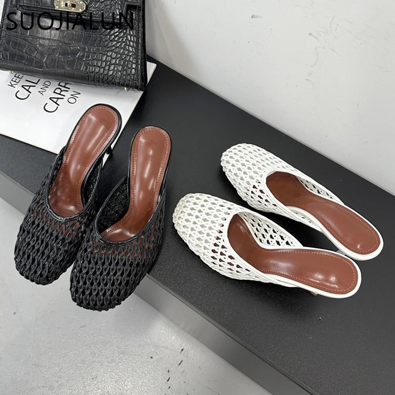 Fashion SUOJIALUN 2025 New Brand Women Slipper Ladies Elegant Round Toe Slip On Mules Shoes Fashion Weave Thin High Outdoor Dress Sandal