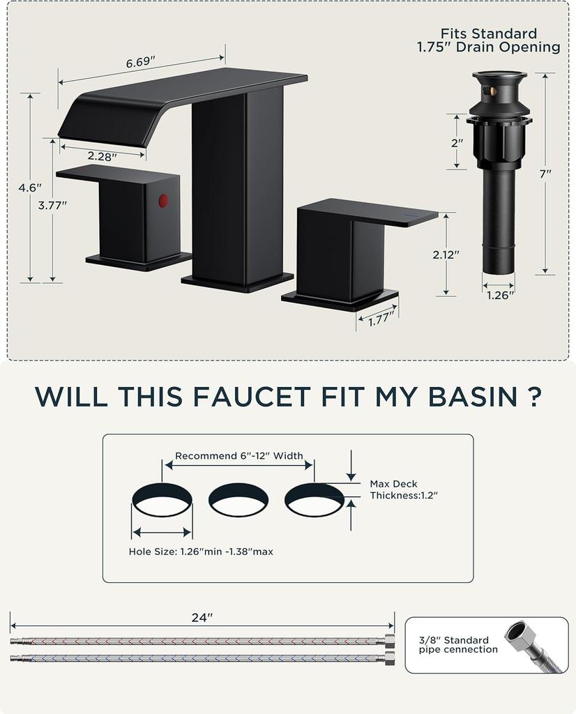 Bathroom 3 Holes Waterfall Basin Faucet, 2 Handles Cold Hot Water Mixers Sink Tap Black/Chrome