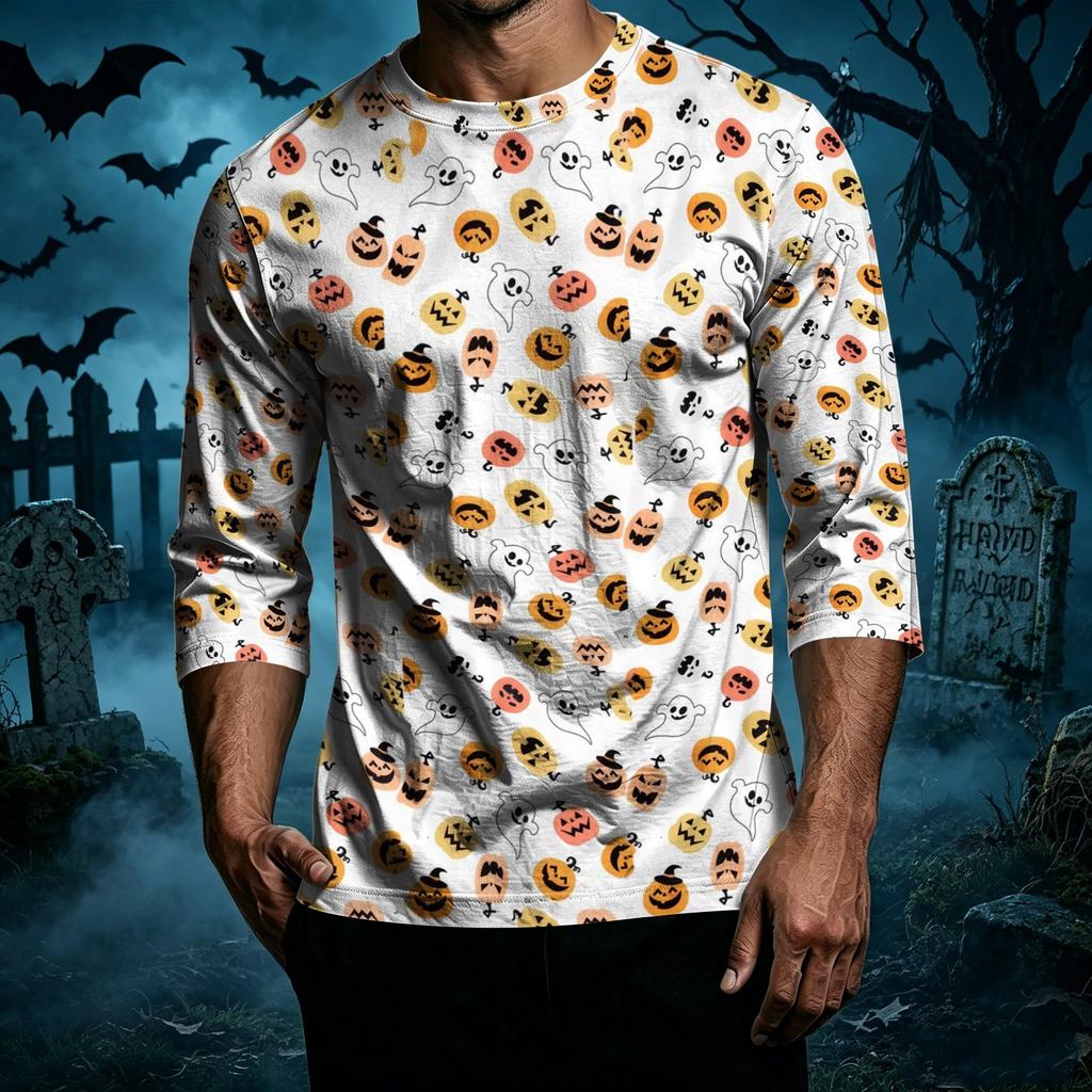 Men Casual Halloween Print Raglan Sleeve T Shirt Crew Neck Three Quarter Sleeve Top Comfortable Fit Lightweight Fabric