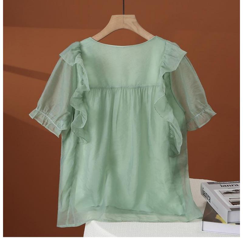 Elegant and Fashionable Lace Hem Chiffon Short Sleeve Blouse with Square Neck for Women's Summer Top
