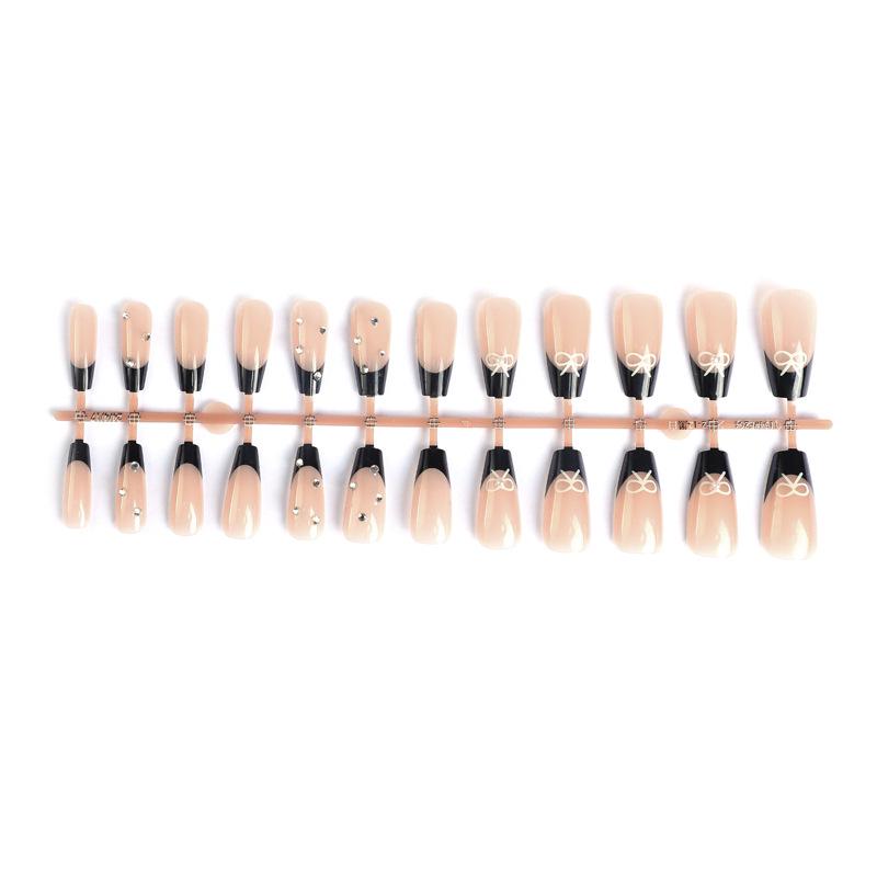 2024 Handmade French Edge Black Press-On Nails with Bowknot & Rhinestones