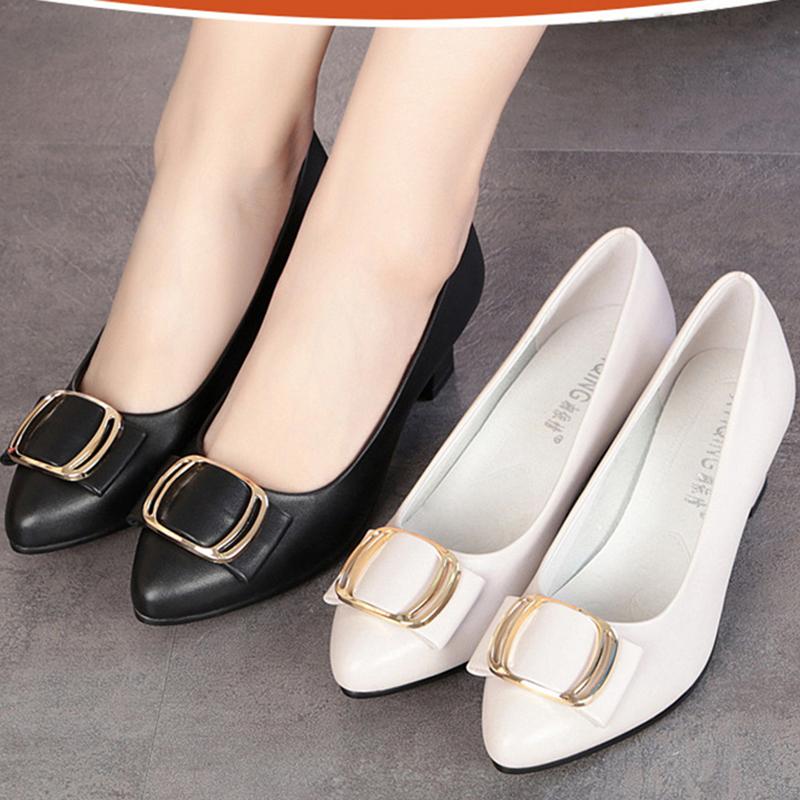 Fashion Black Soft Low Heels PU Leather Works Shoes High Quality Square Heel Shoes Lady Cool Fashion Elegant Spring Autumn Versatile