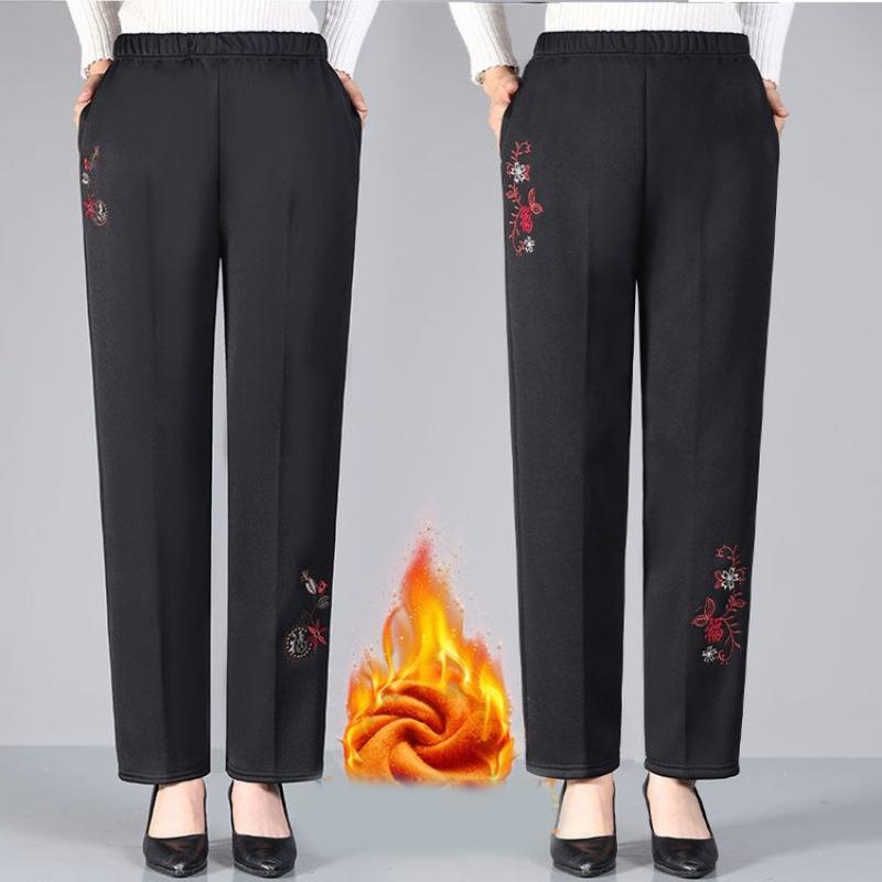 5XL Autumn and Winter Plus Velvet Casual Pants Elderly Women's Pants Loose High Waist Elastic Waist Warm Straight Pants
