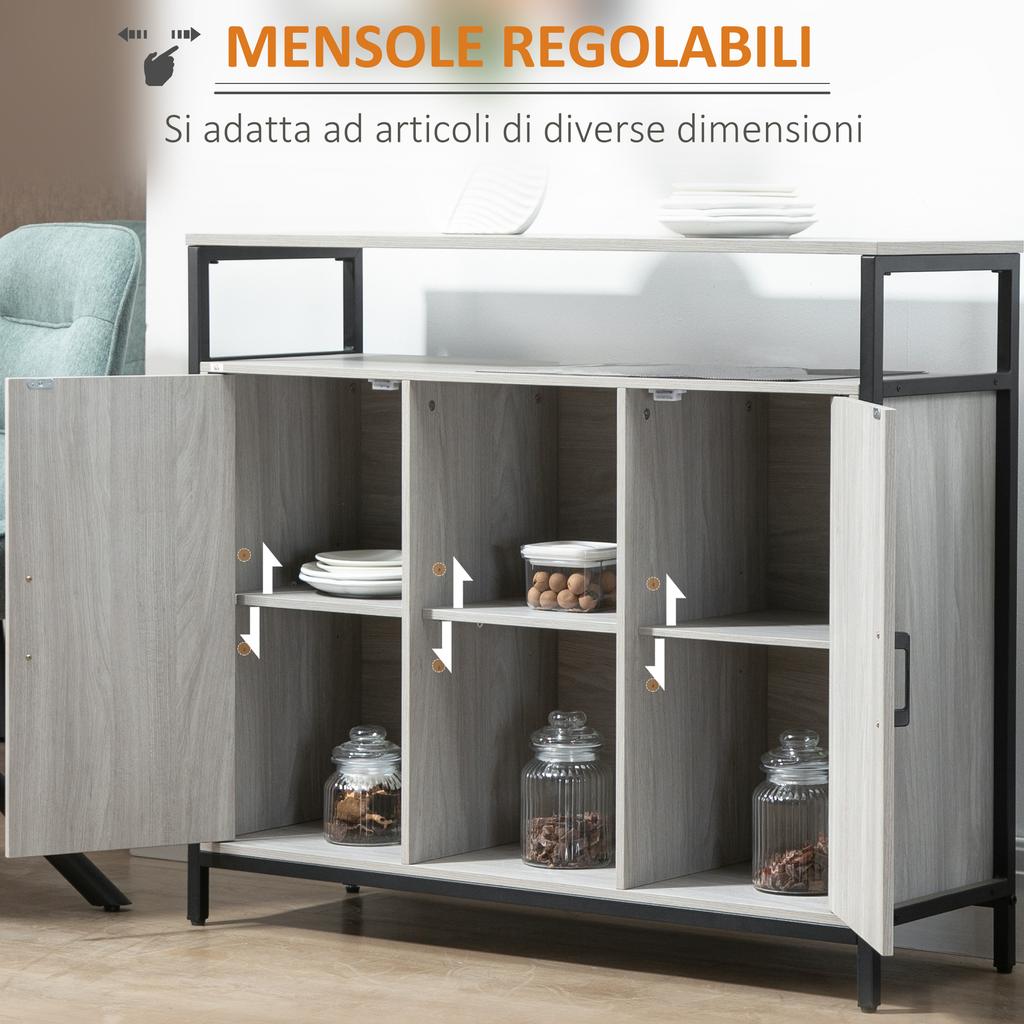 Modernes Holz-Sideboard mit 2 Schränken und Regalen, Küchen- und Eingangsschrank Hellgrau, 100x34x87.2cm