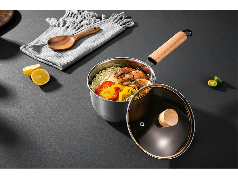 Stainless Steel Milk & Baby Food Pot with Thickened Base and Wooden Handle, Multi-functional Steamer Pot