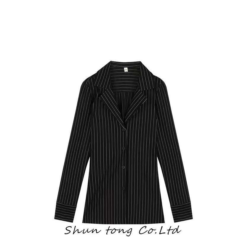 Erotic lingerie boyfriend shirt long sleeve striped slim and versatile mid-length slimming autumn waist top