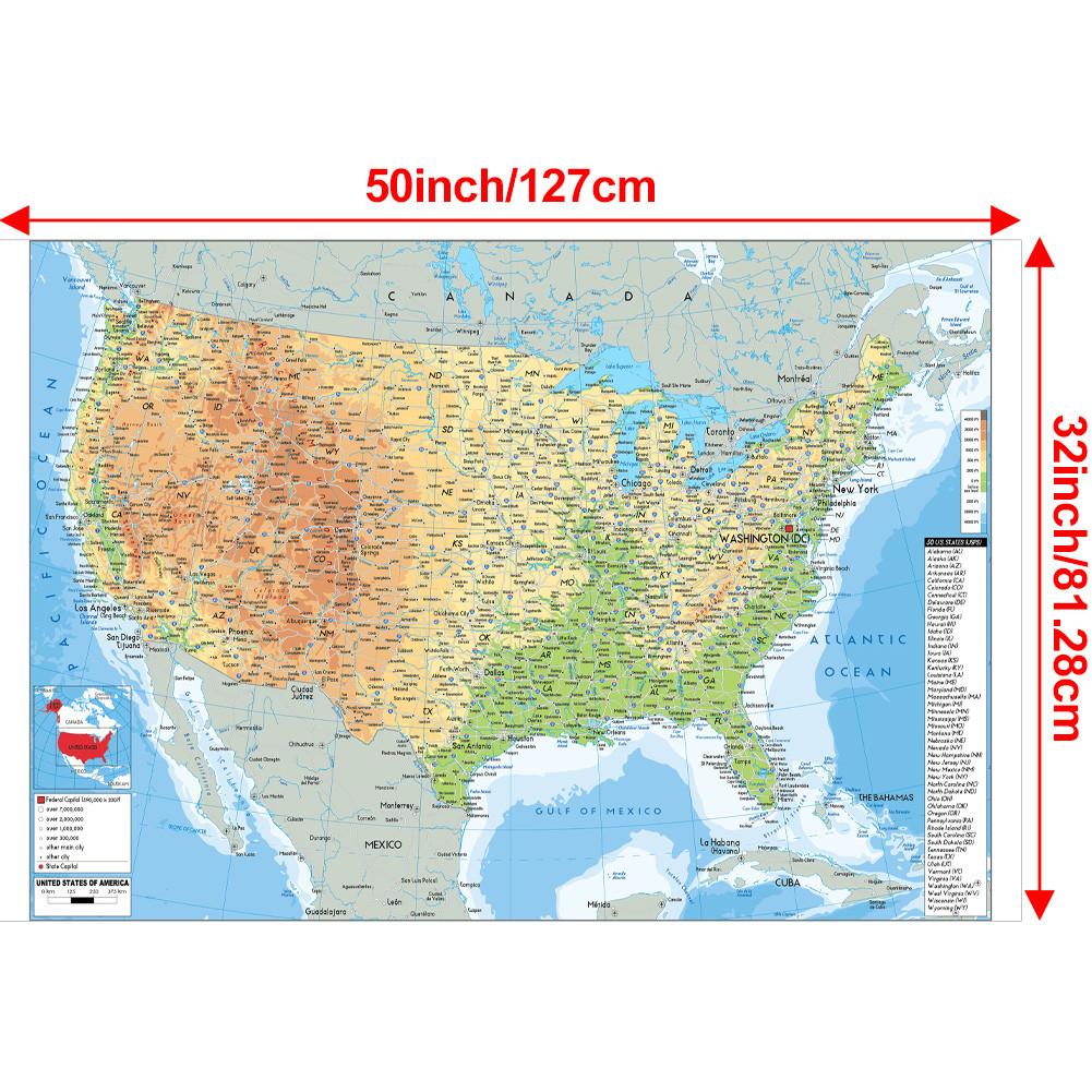 

Карта на английском языке США - географическая карта для классной комнаты, студенческой комнаты и домашнего декора, настенного декора, дорожных принадлежностей 32*50inch/81.28*127cm